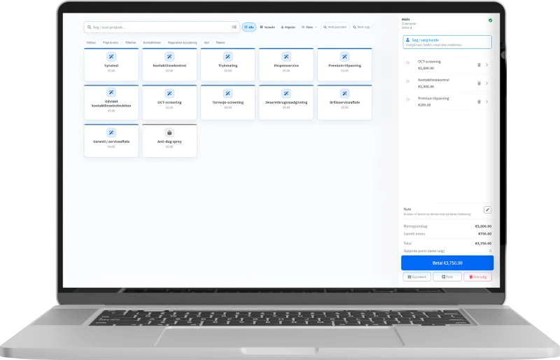 OptikPartner kassesystem vist på laptop