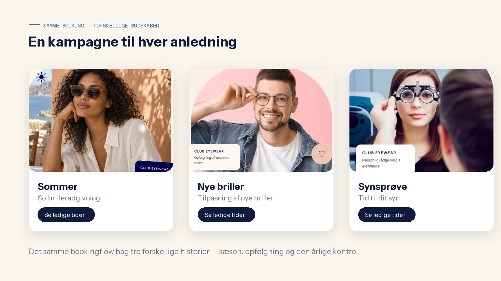 Tre kampagnekort ved siden af hinanden: sommer, nye briller og synsprøve