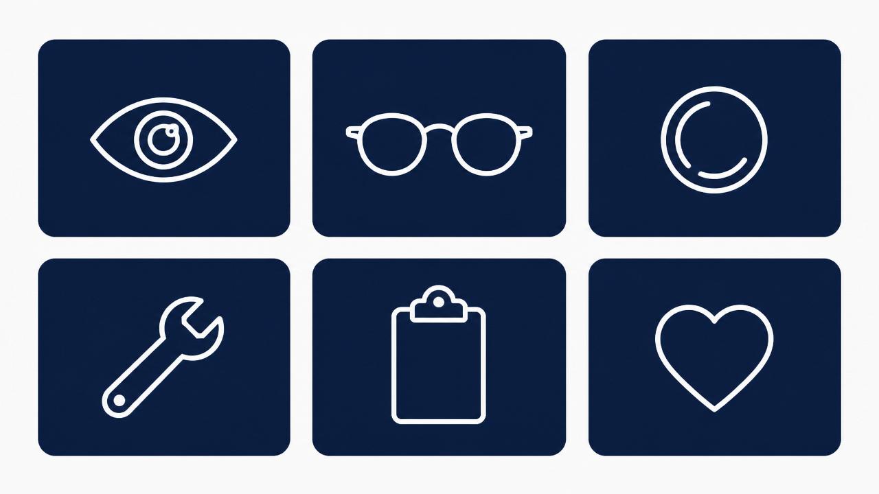 Grid af skabelonkort med optiker-relevante ikoner