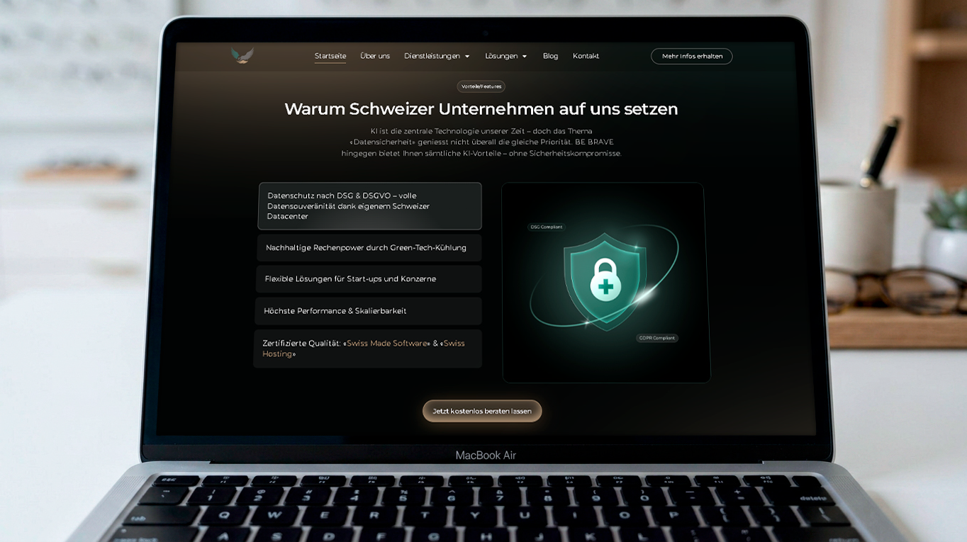Bærbar computer der viser en hjemmeside om sikker AI og europæisk datahosting