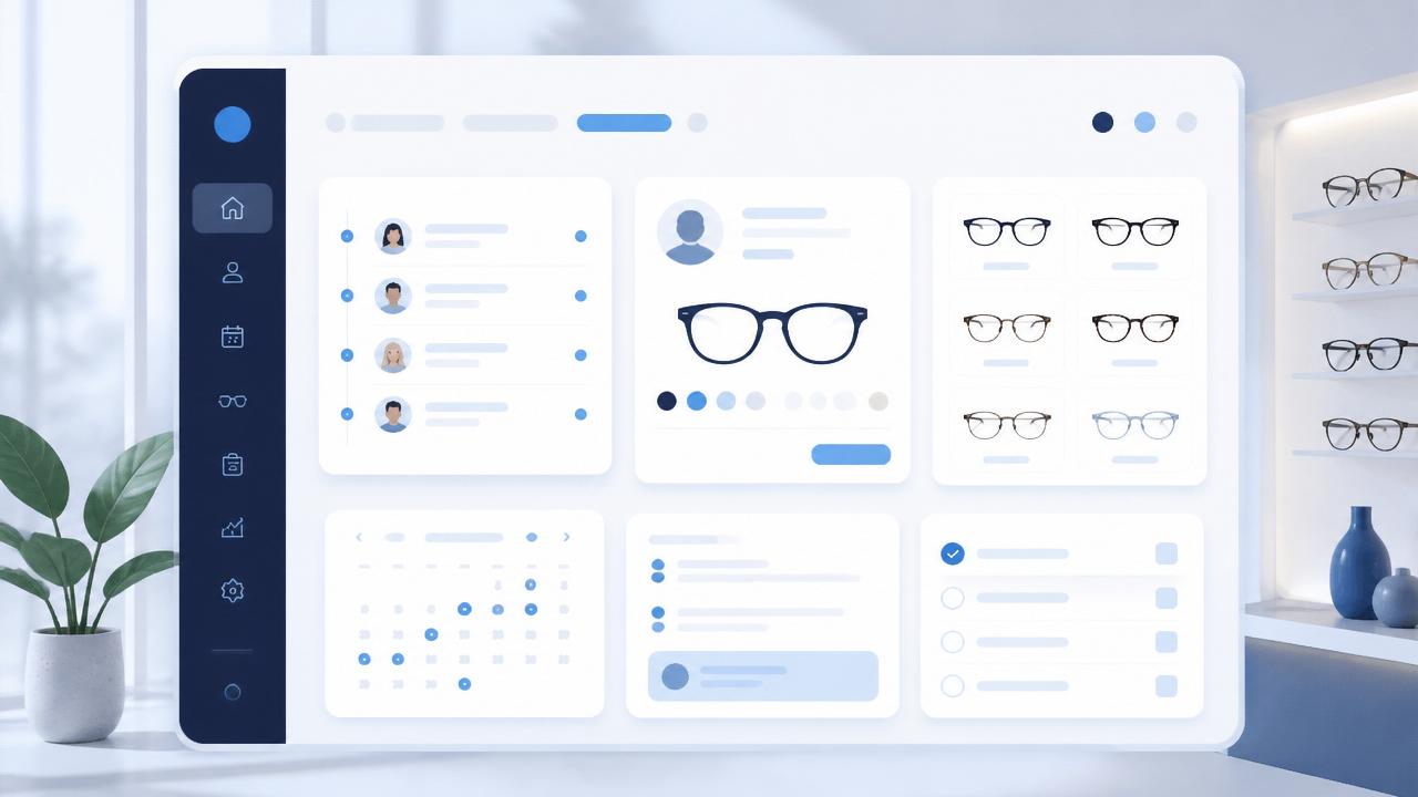 Illustration af et moderne OptikPartner-arbejdsrum med kundeoverblik, noter og briller