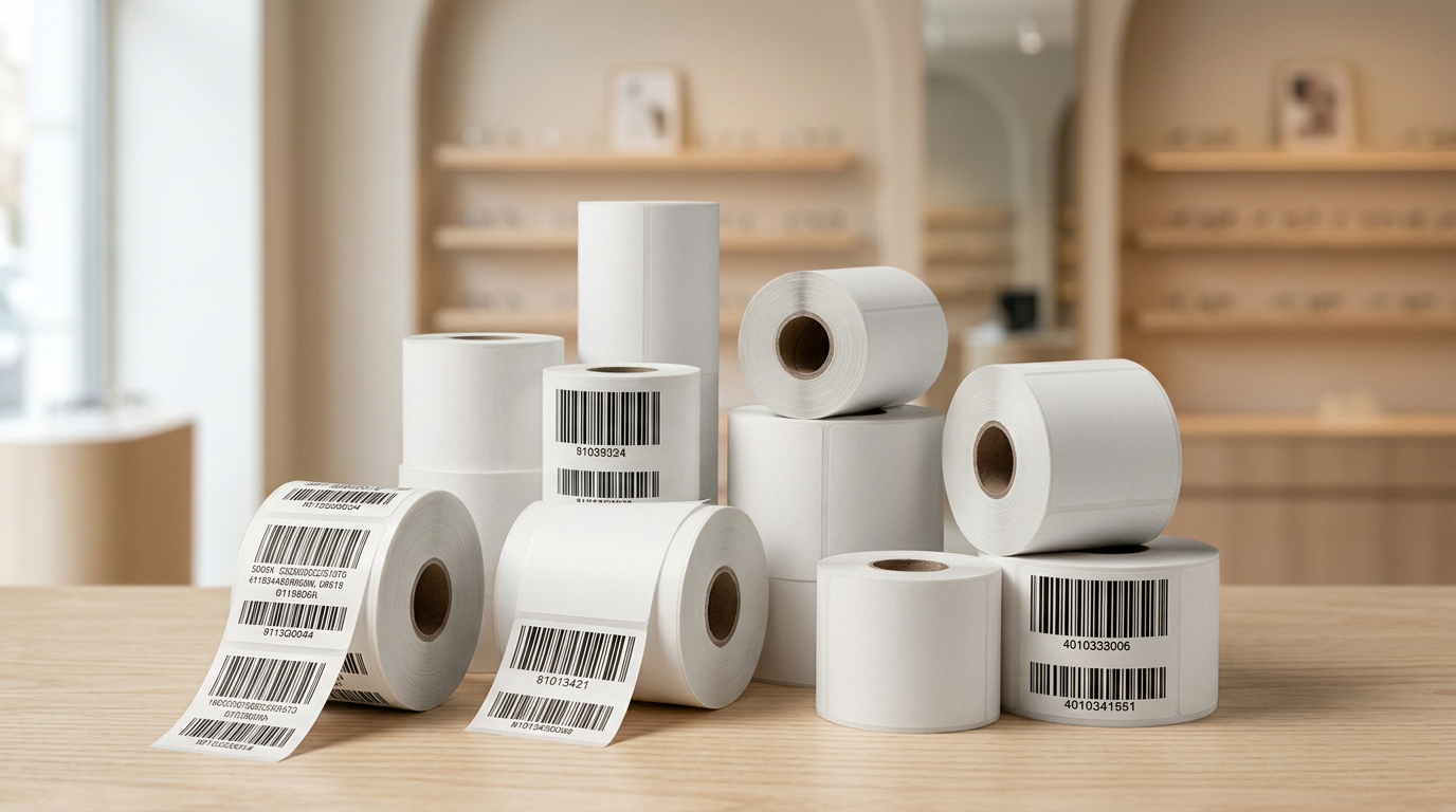 Stak af hvide label-ruller med stregkoder på en træ-disk i en moderne optikerbutik