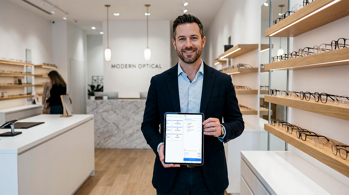 Smilende optiker i jakkesæt viser OptikPartner-systemet på en iPad i en moderne, lys optikerbutik med brillehylder