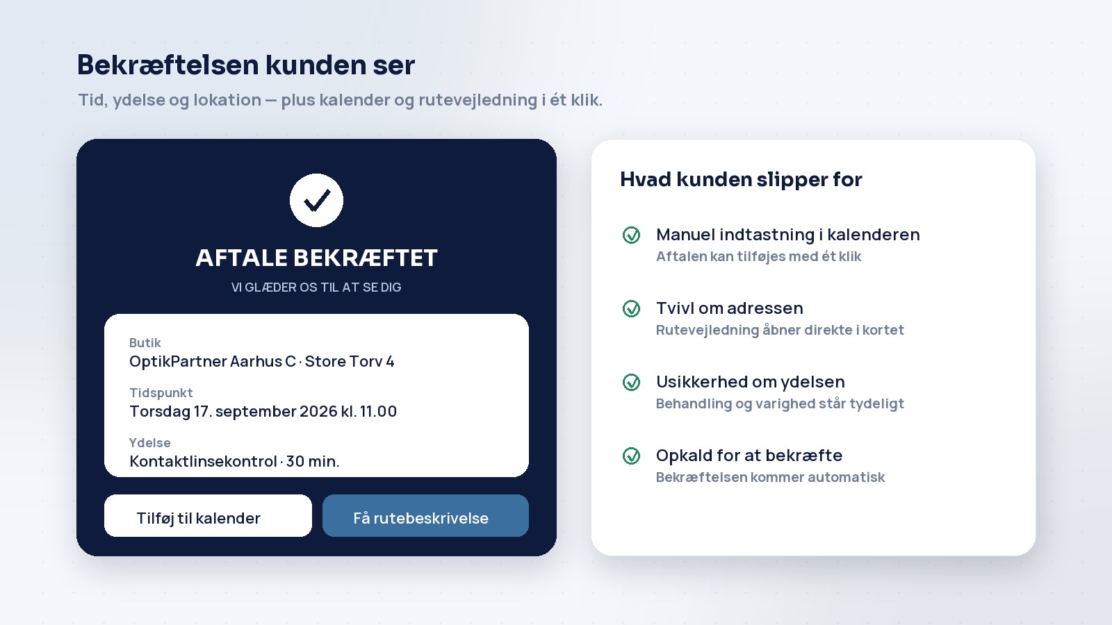 Bekræftelsesskærm fra OptikPartners onlinebooking med tidspunkt, ydelse og knapper til kalender og rutevejledning