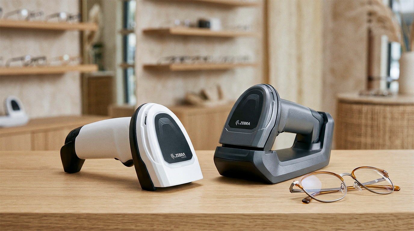 To Zebra håndscannere — hvid og sort/grå model — på en træ-disk i en moderne optikerbutik med briller ved siden af