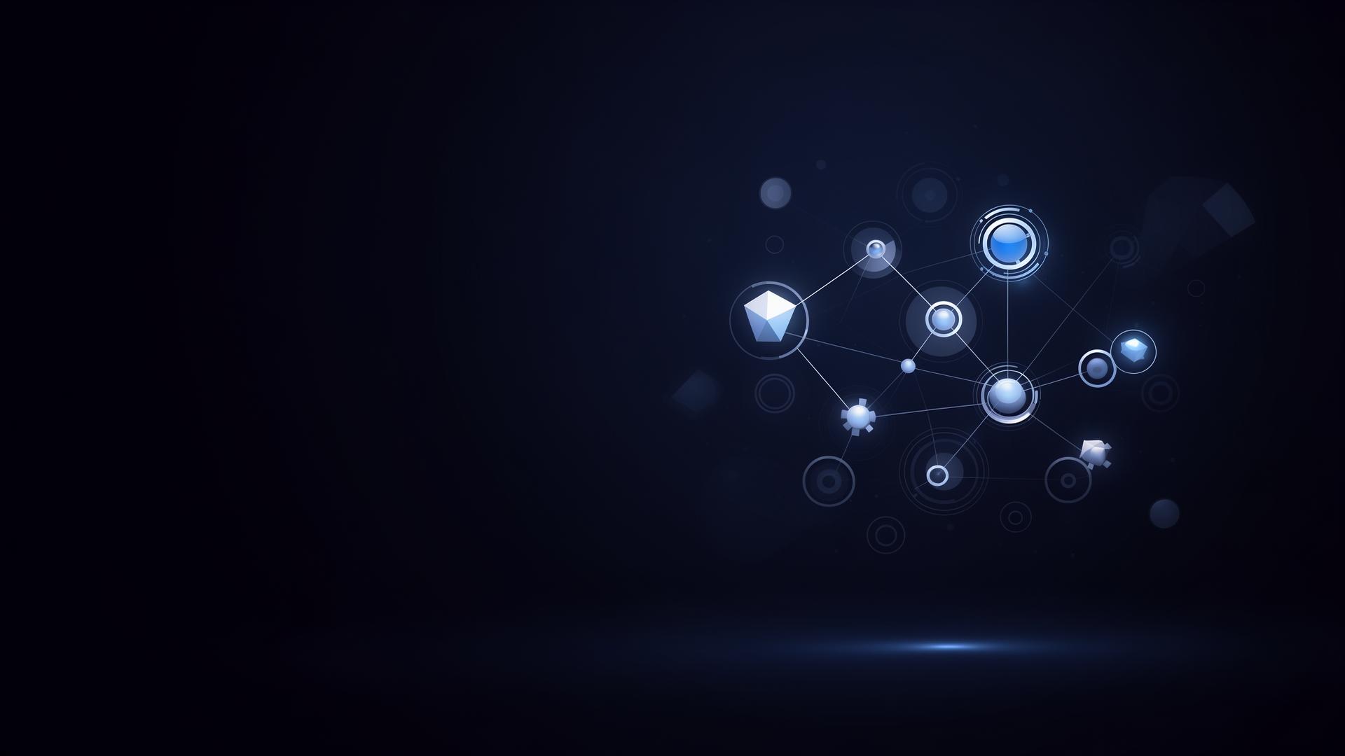 Abstrakt illustration af forbundne noder i navy og blå — symbol for OptikPartner integrationer og release-opdatering