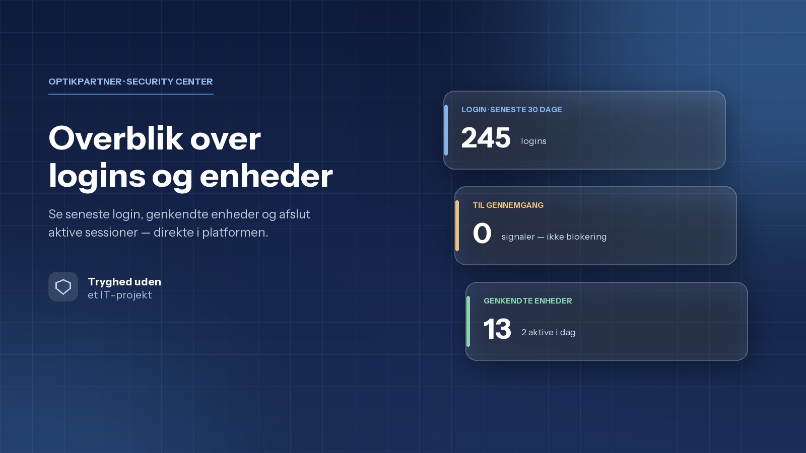 Security Center i OptikPartner med nøgletal for login, gennemgang og genkendte enheder