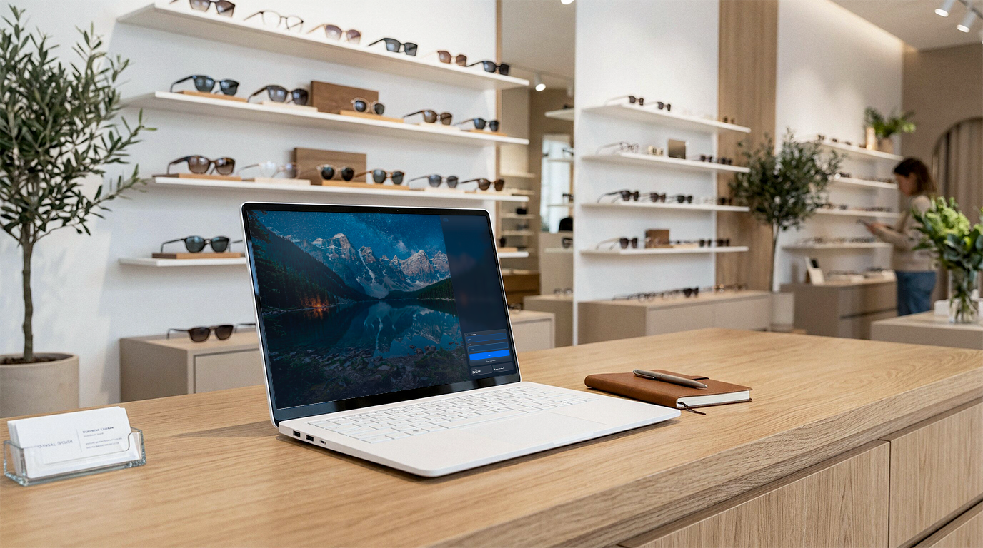 Hvid bærbar computer på en træ-disk i en lys, moderne optikerbutik med solbrillehylder i baggrunden