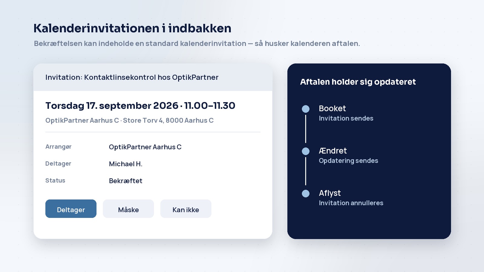 Stiliseret kalenderinvitation til en kontaktlinsekontrol med tidspunkt, adresse og svarmuligheder